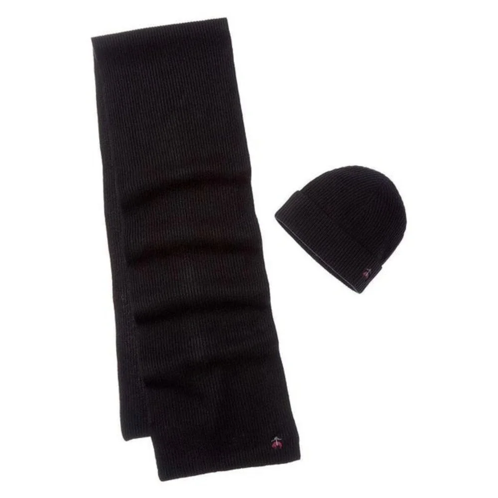 BROOKS BROTHERS Merino Wool Cashmere Black Ribbed Beanie Hat and Scarf Set NEW